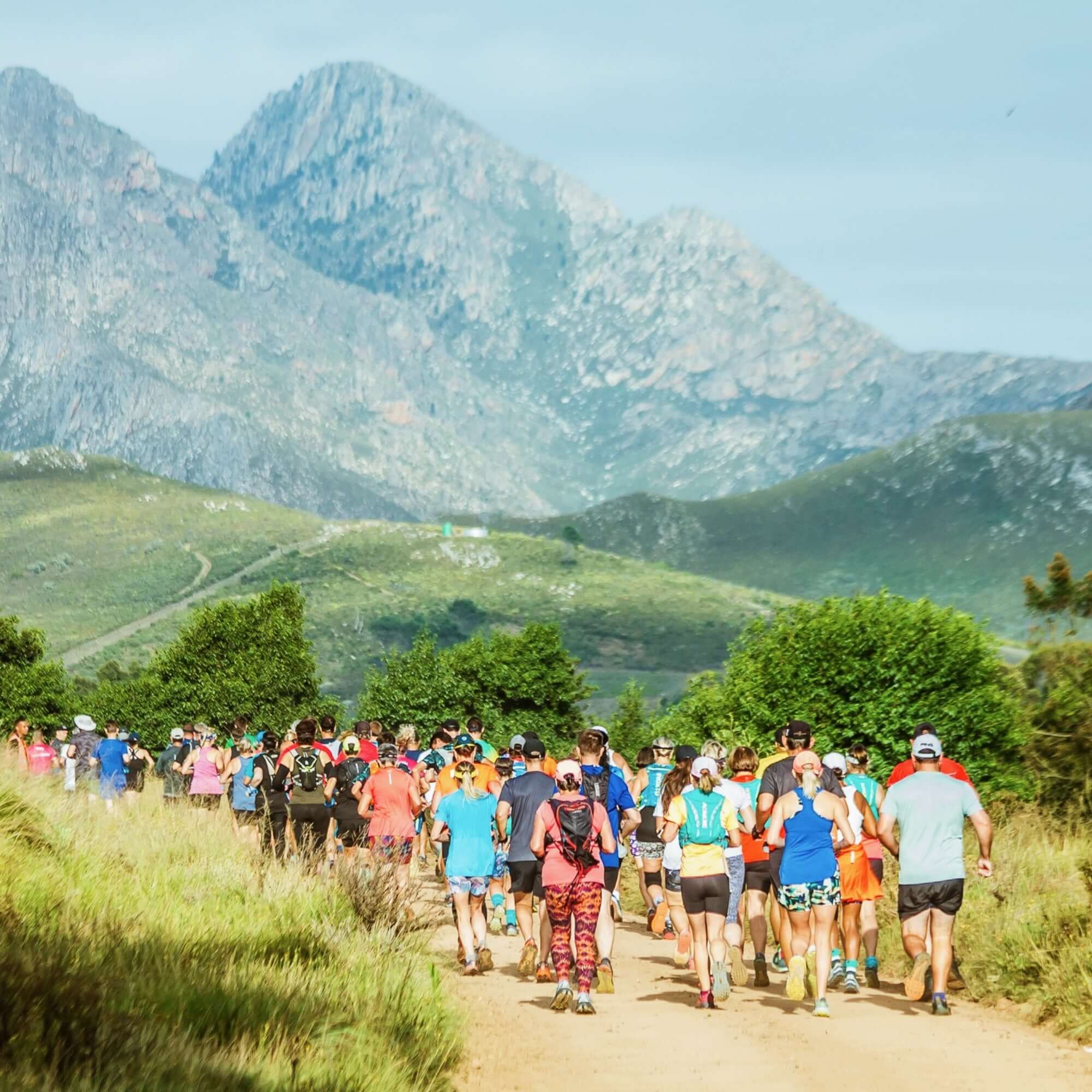 Group of runners on a dirt path with mountains in the background