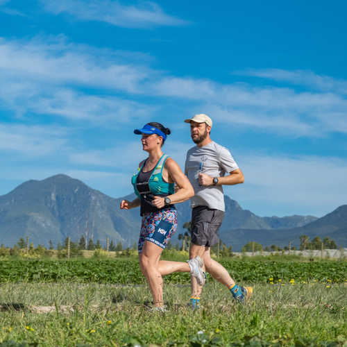 Two runners jogging in a field with mountains in the background. Redberry farm.
